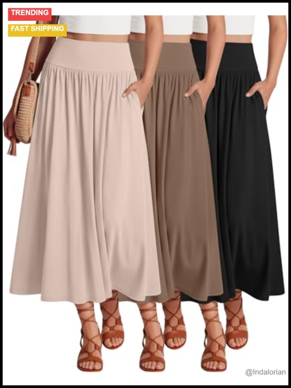 Maxi Long Skirts for Women Pleated A Line Ankle Length Side Pockets Casual
